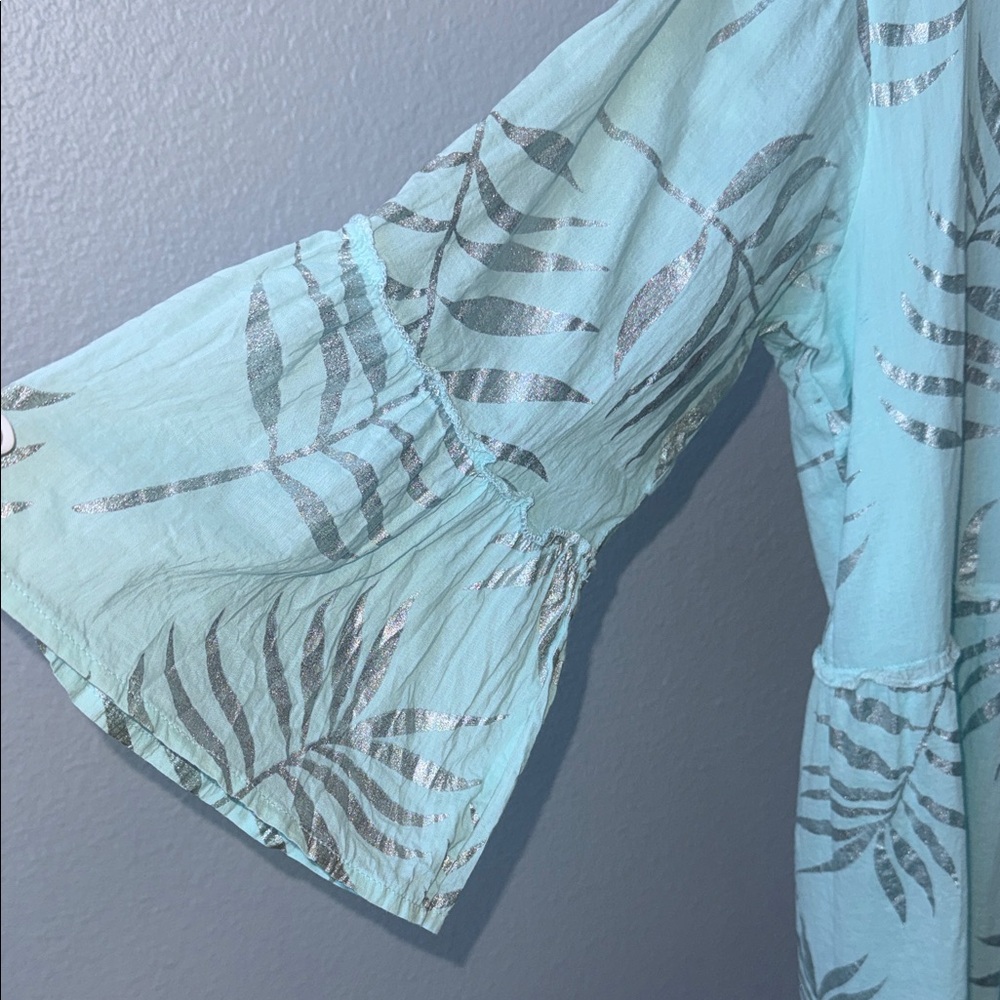 Sunny Oceans Light Aqua Foil Leaf Tiered Tunic Dress🌴🌸 - Picture 4 of 10